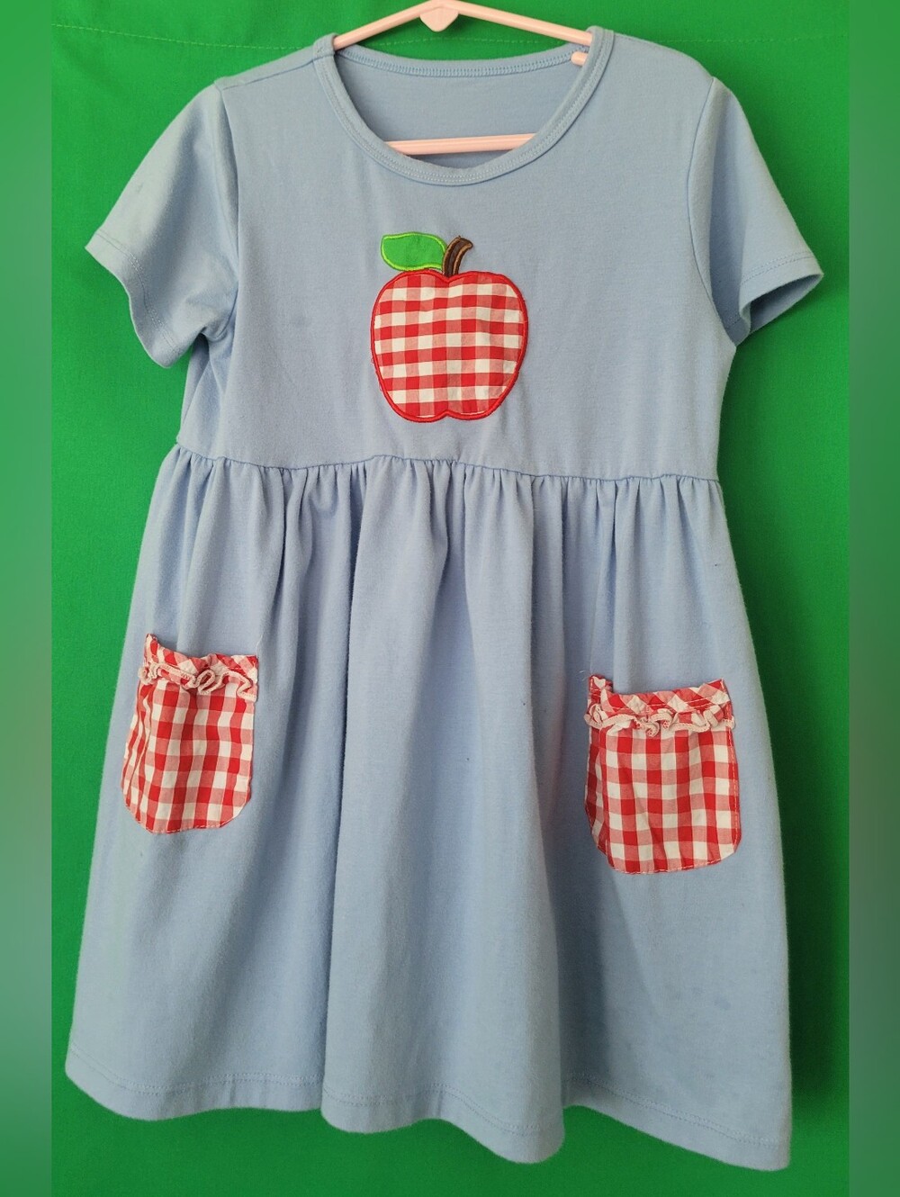 Blue Gingham Apple Appliqué Back To School Dress Shirt Girls 3XL Gingham Pocket